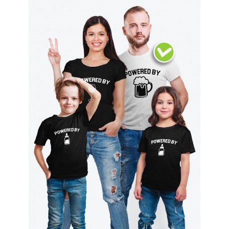 Футболки family look для всей семьи с принтом Powered by | Прикольные одинаковые семейные футболки