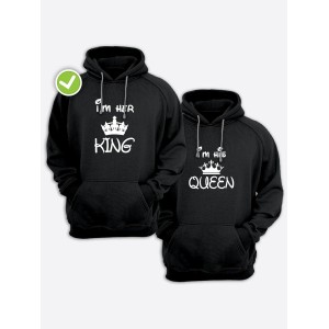 Парные толстовки с капюшоном для двоих с принтом "King / Queen"