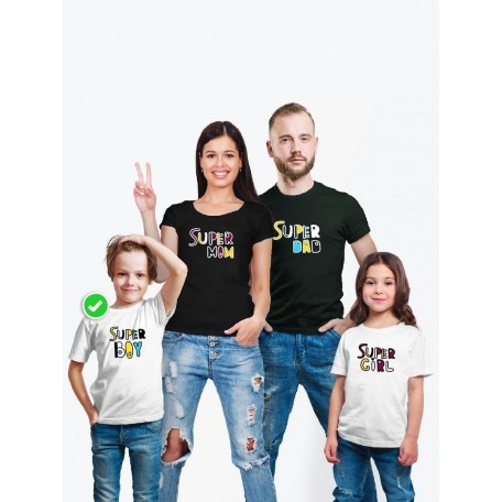 Футболки family look для всей семьи с принтом Super family| Прикольные одинаковые семейные футболки