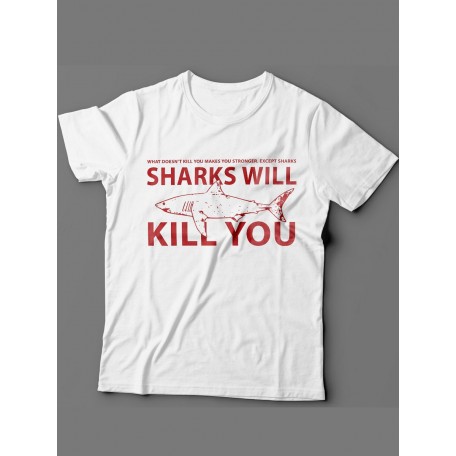 Мужская футболка с прикольным принтом "Sharks will kill you"