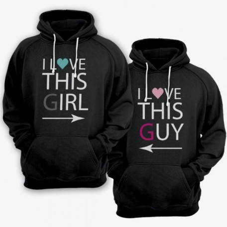 Парные толстовки с капюшоном для влюбленных "I LOVE THIS GIRL/GUY" ("Я люблю эту\этого девчонку\парня")