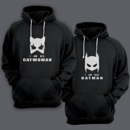 Парные толстовки с капюшоном для двоих "I am his Catwoman (Я его женщина-кошка)"/"I am her Batman (Я ее бэтмен)"