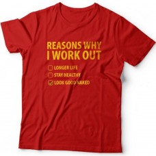Прикольная футболка с надписью "Reasons why i workout" ("Причины по которым я качаюсь")